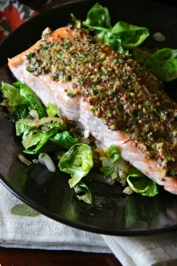 mustard glazed salmon with shallots and brussel sprout leaves ...