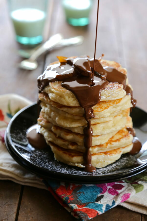 easy buttermilk pancakes with chocolate truffle syrup and candied pears