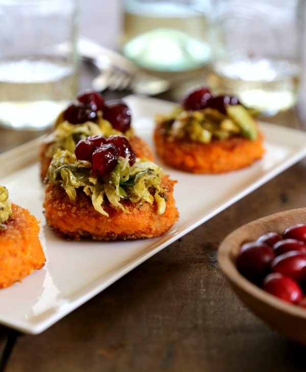 sweet potato bites with apple cider brussel sprouts & cranberry