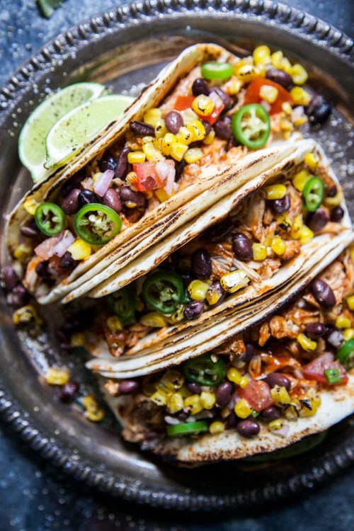 Slow cooker bbq chicken tacos with texas caviar